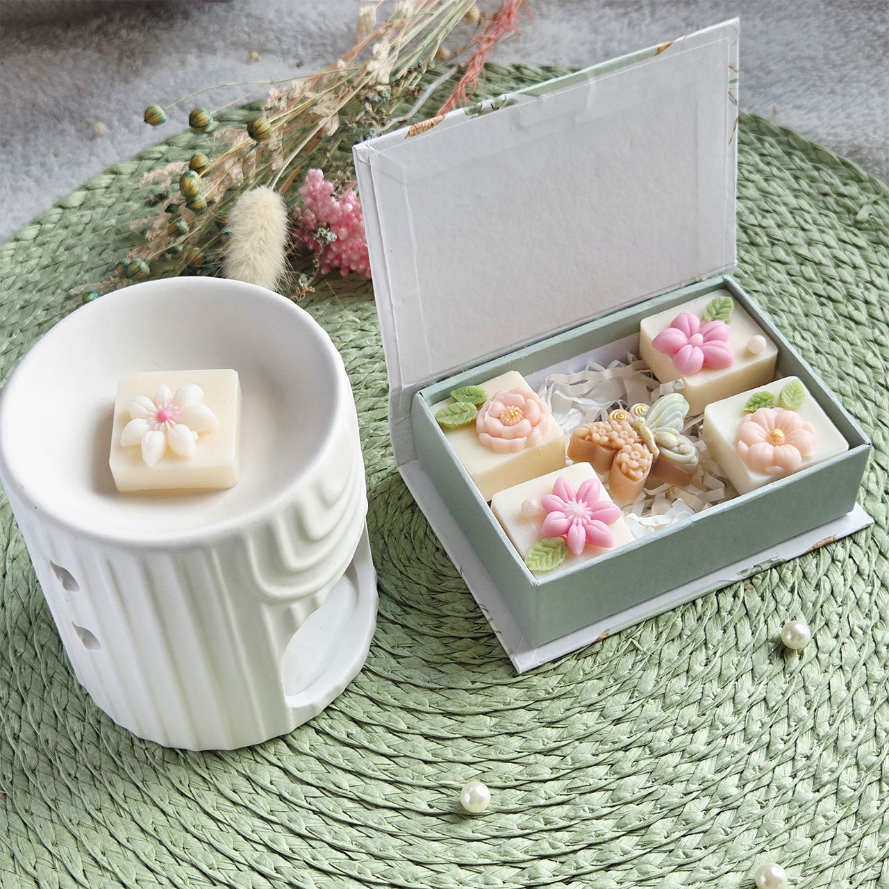 Florale Wax Melts Geschenkset mit Duftlampe – Home Fragrance Geschenk
