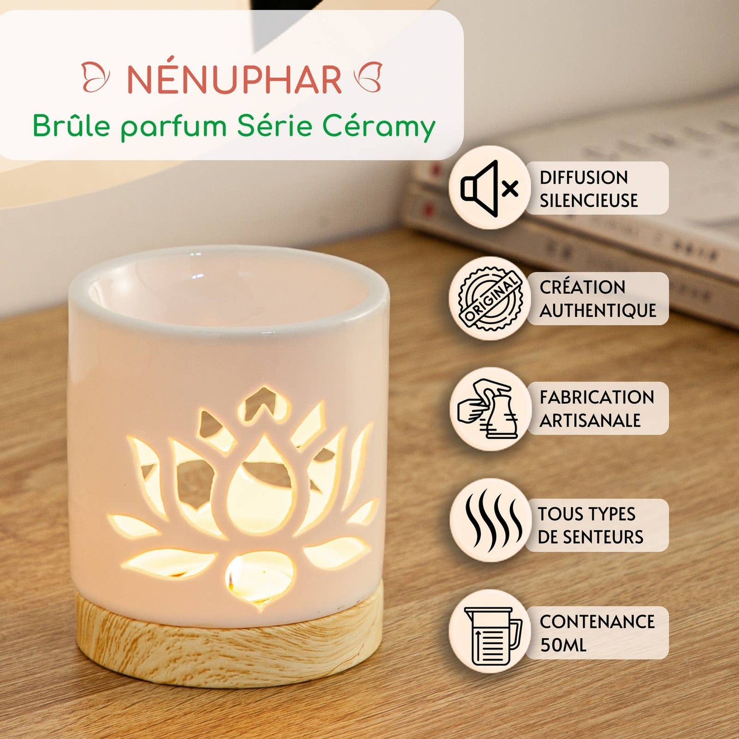 Ceramic Oil Burner & Wax Melt Warmer with Water Lily Scent by Zen'Arome