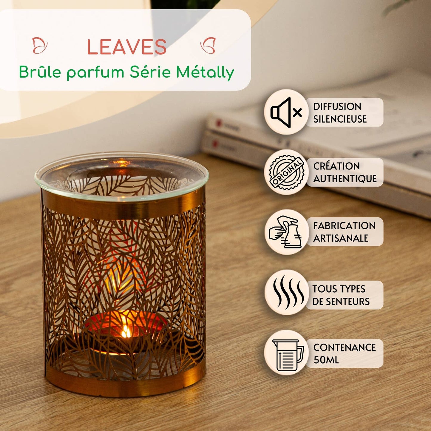 Brûleur d'encens Feuilles – Modèle original en métal et verre avec un design ajouré