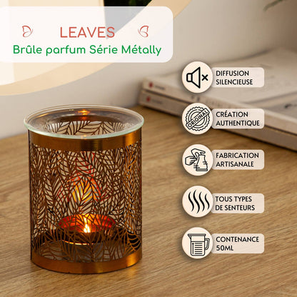 Brûleur d'encens Feuilles – Modèle original en métal et verre avec un design ajouré