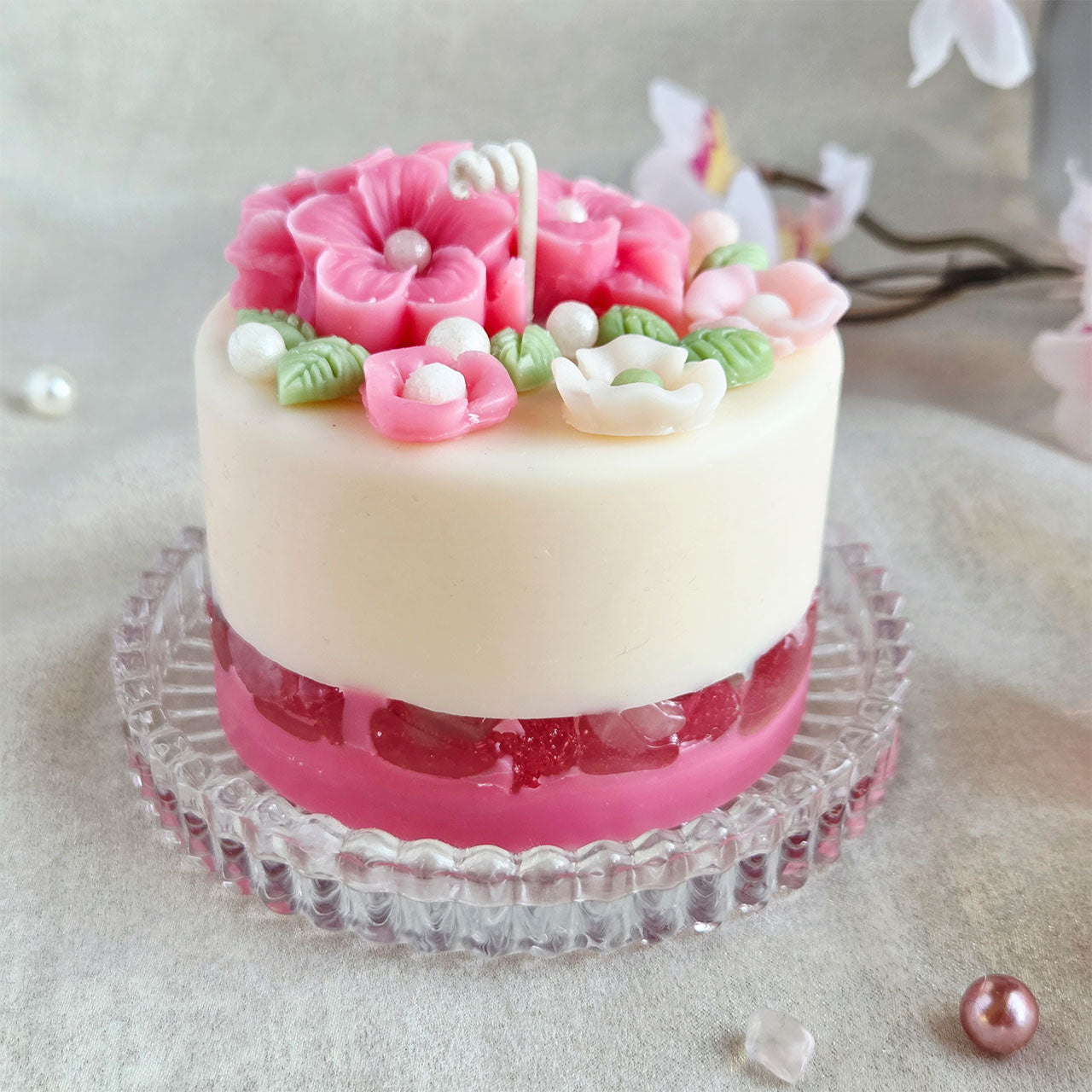 Detailaufnahme der handgemachten Cake Kerze