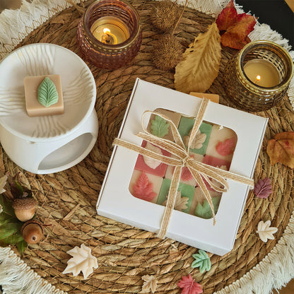 Einzelne Wax Melts aus der Herbstpastell Kollektion, zarte Blätterverzierung