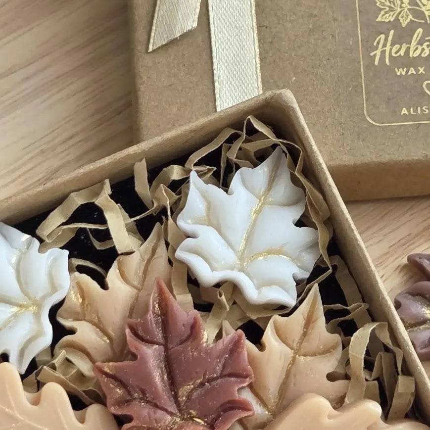 Detailaufnahme handgegossener Wax Melts in Herbstfarben