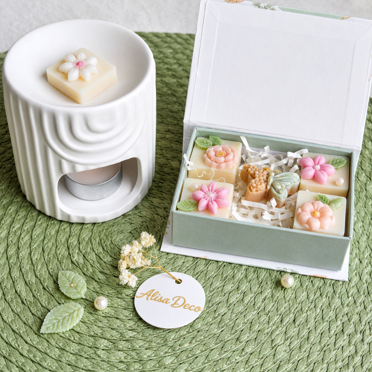 Florales Wax Melts Geschenkset mit Keramik Duftlampe von Alisa Deco