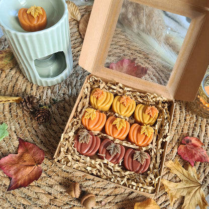 Brennende Kerze Kürbiszauber auf Holztisch mit Deko