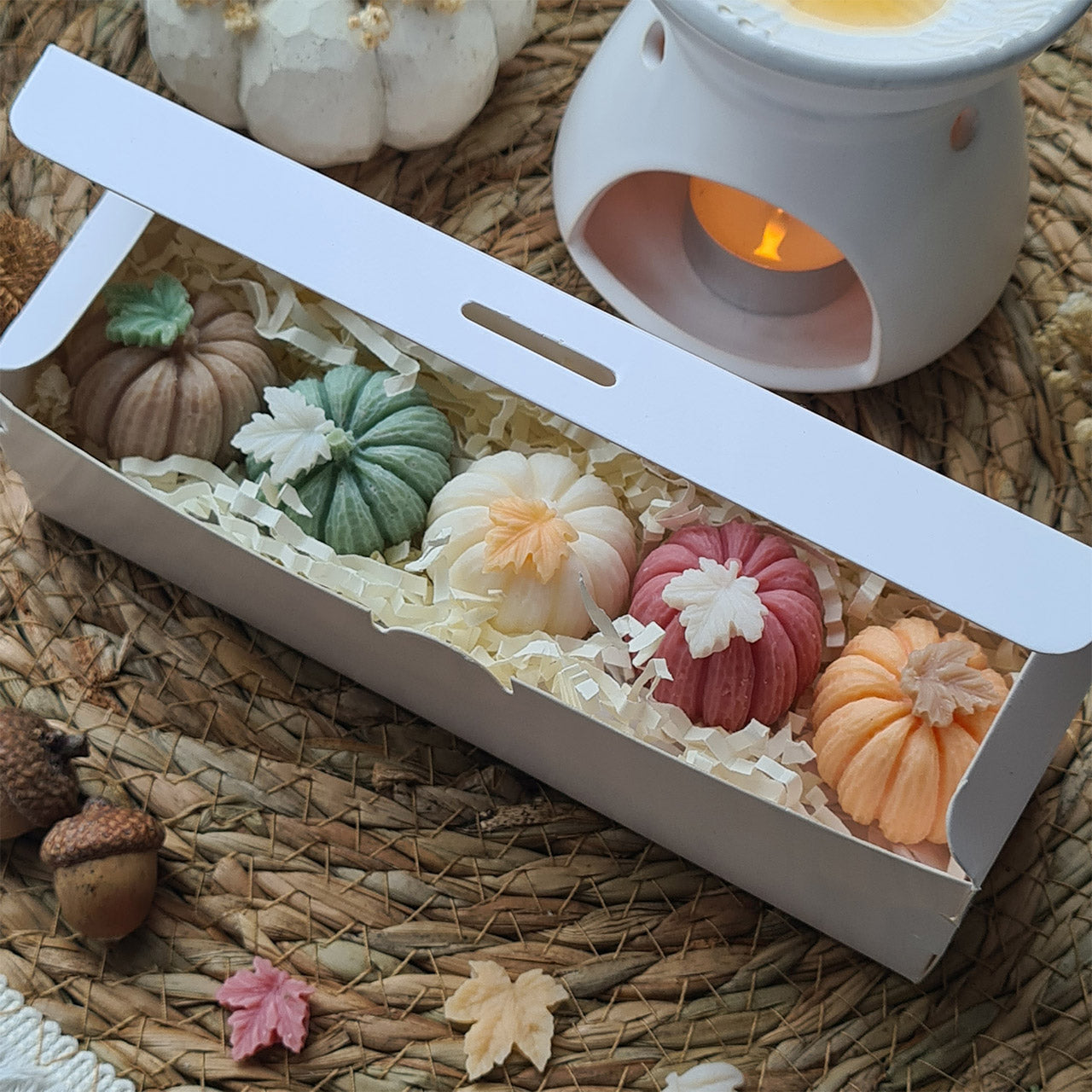 Wachs-Kürbisse in sanften Herbstfarben, Geschenkbox