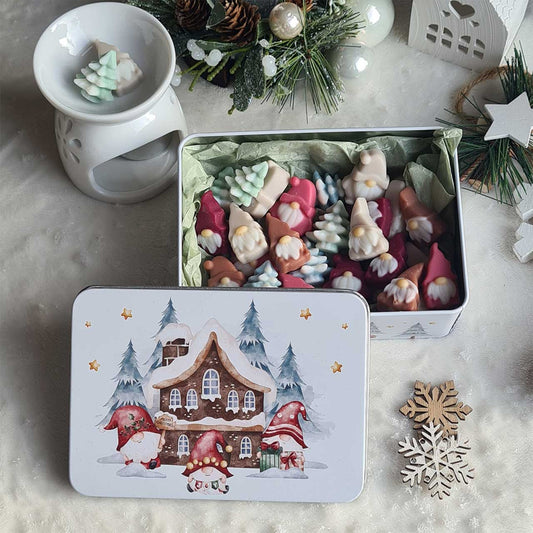 Handgemachte Wichtel- und Tannenbaum-Wachsmelts in Weihnachtsdose